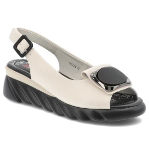 Sandały damskie Artiker, ze skóry naturalnej licowej z ozdobą na platformie i ze sprzączką, beżowe, 56C2204