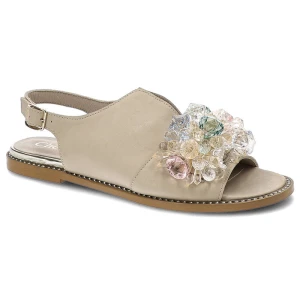 Sandały damskie Chebello, naturalna skóra licowa ozdobny kwiat z kryształowych aplikacji na pasku płaska podeszwa, bezowy, 2937_-394-000-PSK-S130