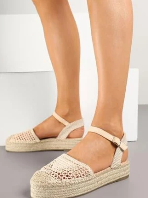 Beżowe Sandały Espadryle na Grubej Podeszwie z Plecionką z Rafii Ilisona marquiiz