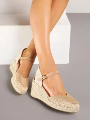 Beżowe Sandały Espadryle z Imitacji Zamszu na Plecionym Koturnie Calriva cink me