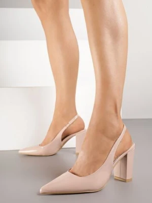 Beżowe Sandały Lakierowane na Słupku Slingback Halasela mulanka