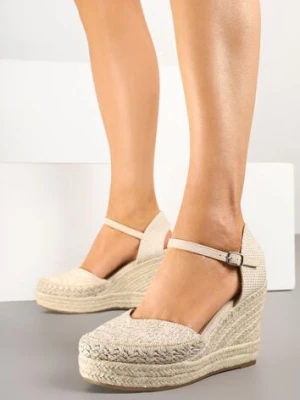 Beżowe Sandały na Koturnie w Typie Espadryli Ozdobione Plecionką Akiora givana