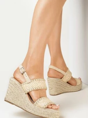 Beżowe Sandały na Koturnie z Plecionką i Szerokimi Paskami Selnei