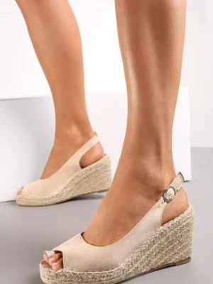 Beżowe Sandały na Koturnie z Plecionki ze Sprzączką Lyana