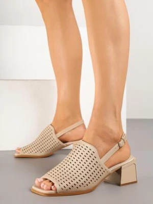 Beżowe Sandały na Obcasie ze Skórzaną Wkładką i Ażurową Cholewką Melanith potocki