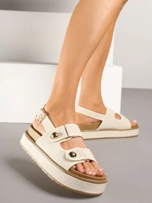 Beżowe Sandały na Platformie z Plecionką i Metalicznymi Aplikacjami Pollani ideal