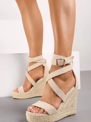 Beżowe Sandały na Plecionym Koturnie i Platformie Tinami vices