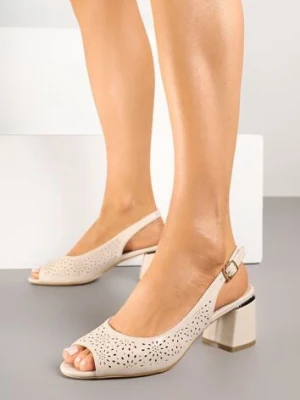 Beżowe Sandały na Słupku Vices ze Skórzaną Wkładką z Ażurową Cholewką Iffiona