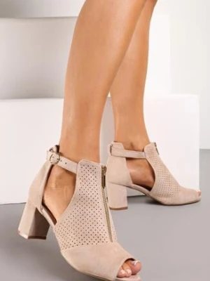 Zdjęcie produktu Beżowe Sandały Peep Toe na Słupku z Perforacją i Wycięciami Daisee