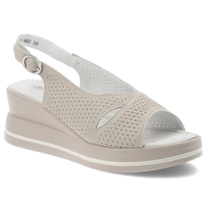 Sandały damskie S. Barski, skórzane wygodne na koturnie i zapinane sprzączką, beżowe, LR51-660 S.Barski