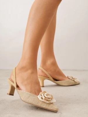 Beżowe Sandały Slingback na Kaczuszce z Tweedowymi Wstawkami i Kwiatem 3D Zehe ideal