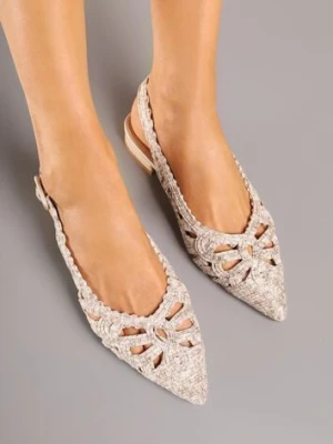 Beżowe Sandały Slingback z Szydełkową Cholewką z Metalicznymi Przeszyciami Frolette ciaodeo