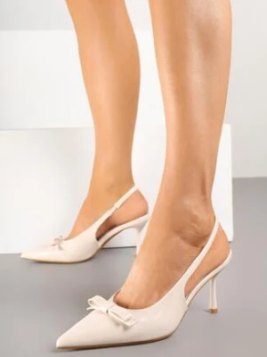 Beżowe Sandały Szpilki Lakierowane Vices z Odkrytą Piętą i Ozdobną Kokardą Valozi