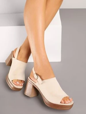 Beżowe Sandały Typu Drewniaki z Imitacji Zamszu na Słupkowym Obcasie Kosilea potocki