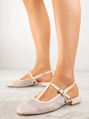 Beżowe Sandały Vices Lakierowane Slingback z Siateczkową Cholewką Mairelite