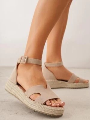 Beżowe Sandały VICES na Plecionym Koturnie Ozdobione Wycięciami Cirilea