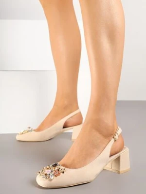 Beżowe Sandały Vices na Słupku Slingback ze Skórzaną Wkładką i Cyrkoniami Nimirune