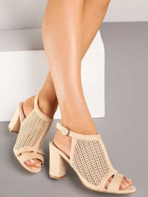 Beżowe Sandały Vices na Słupku z Ażurową Cholewką i Skórzaną Wkładką Saramiae
