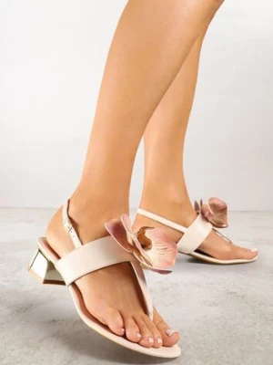 Beżowe Sandały w Stylu Japonek Vices na Niskim Słupku z Kwiatowym Zdobieniem Natrina