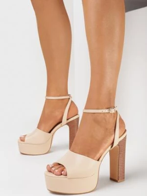 Beżowe Sandały z Ekoskóry na Platformie i Wysokim Słupku Delaisa