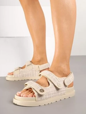 Beżowe Sandały z Metalicznymi Guzikami i Tweedową Cholewką Oliandra mulanka