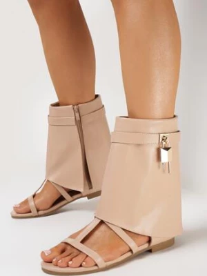 Beżowe Sandały z Wywiniętą Zasuwaną Cholewką Panisse