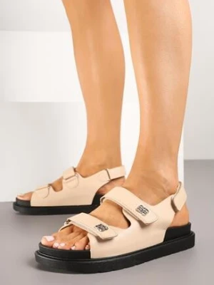 Beżowe Sandały z Zapięciem na Rzep Zdobione Metalicznymi Aplikacjami Marulissa givana