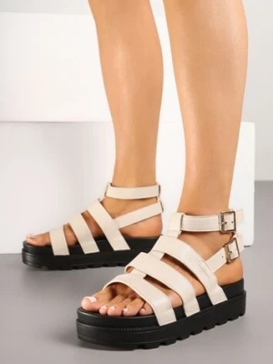 Beżowe Sandały z Zapięciem na Sprzączki na Grubej Podeszwie Clarivienne renda