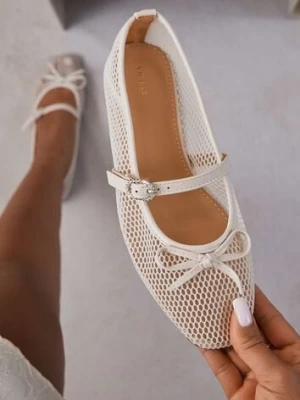 Beżowe Siateczkowe Balerinki Vices z Paskiem z Klamrą i Ozdobną Kokardką Niladiela