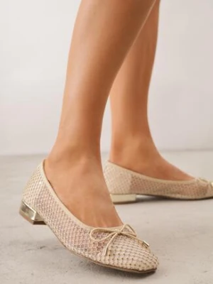 Beżowe Siateczkowe Balerinki ze Skórzaną Wkładką Cyrkoniami i Kokardą Ravalana goodin