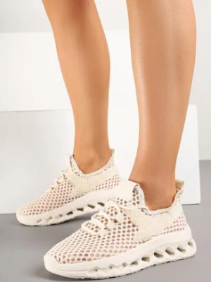 Beżowe Siateczkowe Buty Sportowe Sneakersy na Grubej Tłoczonej Podeszwie Luriane