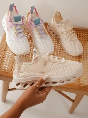 Beżowe Siateczkowe Buty Sportowe Sneakersy na Grubej Tłoczonej Podeszwie Luriane ideal
