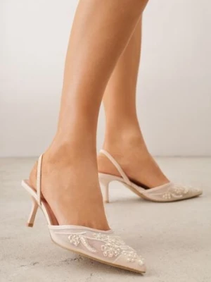 Beżowe Siateczkowe Czółenka na Szpilce z Haftami i Perełkami Branira pallika paris