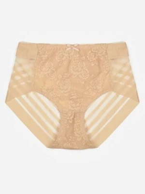 Beżowe Siateczkowe Majtki Figi High Waist z Koronkowymi Zdobieniami Heylih