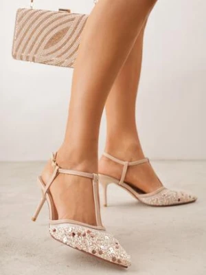 Beżowe Siateczkowe Sandały na Szpilce z Noskiem Zdobionym Koralikami Riovela givana
