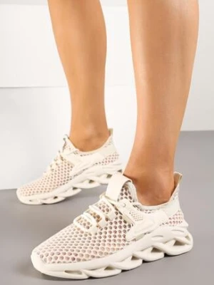 Beżowe Siateczkowe Buty Sportowe Sneakersy na Grubej Tłoczonej Podeszwie Telarienna