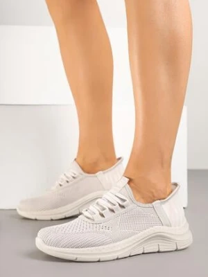 Jasnobeżowe Siateczkowe Buty Sportowe Sneakersy Wsuwane z Ozdobnym Sznurowaniem Terelea
