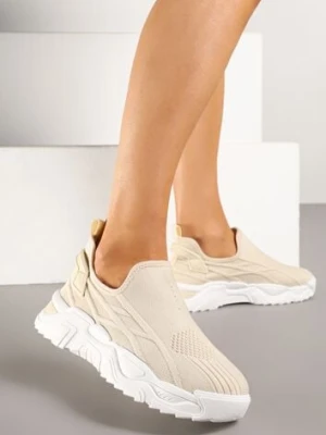 Beżowe Siateczkowe Buty Sportowe Sneakersy Wsuwane Zdobione Tłoczeniami Nusadela
