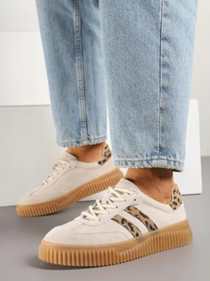 Beżowe Skórzane Sneakersy Klasyczne Tenisówki z Zamszu Naturalnego ze Wzorem w Panterkę Teniresela goodin