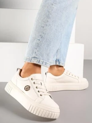 Beżowe Skórzane Sneakersy na Grubej Podeszwie z Metaliczną Aplikacją Dolarisa santorio