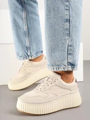 Beżowe Skórzane Sneakersy na Grubej Podeszwie z Tłoczeniami Foiriva goodin