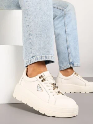 Beżowe Skórzane Sneakersy na Platformie Ozdobione Aplikacją Doliresa santorio