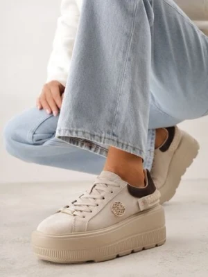 Beżowe Skórzane Sneakersy na Platformie z Aplikacją i Plecionym Paskiem Kaphophai goodin
