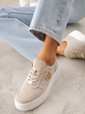 Beżowe Skórzane Sneakersy na Platformie z Metaliczną Aplikacją Idapheosis goodin