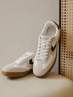Beżowe Skórzane Sneakersy Tenisówki z Geometrycznym Wzorem Mirathe