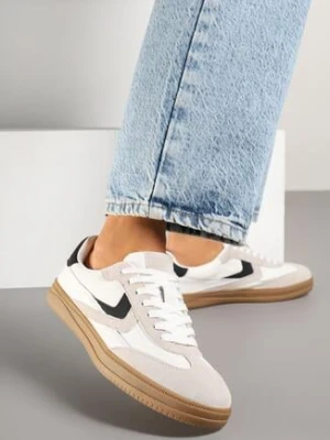 Beżowe Skórzane Sneakersy Tenisówki z Geometrycznym Wzorem Mirathe goodin