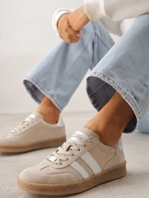 Beżowe Skórzane Sneakersy Typu Tenisówki Ozdobione Paskami Brethanthei goodin