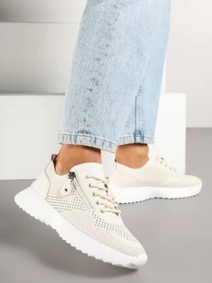 Beżowe Skórzane Sneakersy z Ozdobnym Suwakiem Selami