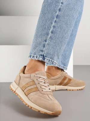 Beżowe Skórzane Sneakersy z Ozdobnymi Paskami Felindda Goodin