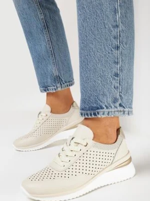 Beżowe Skórzane Sneakersy z Perforacją i Metalicznymi Wstawkami Rendia